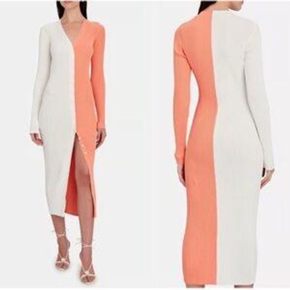NWT STAUD Shoko Dress M White Coral Orange Two Tone Ribbed Knit Midi Duster